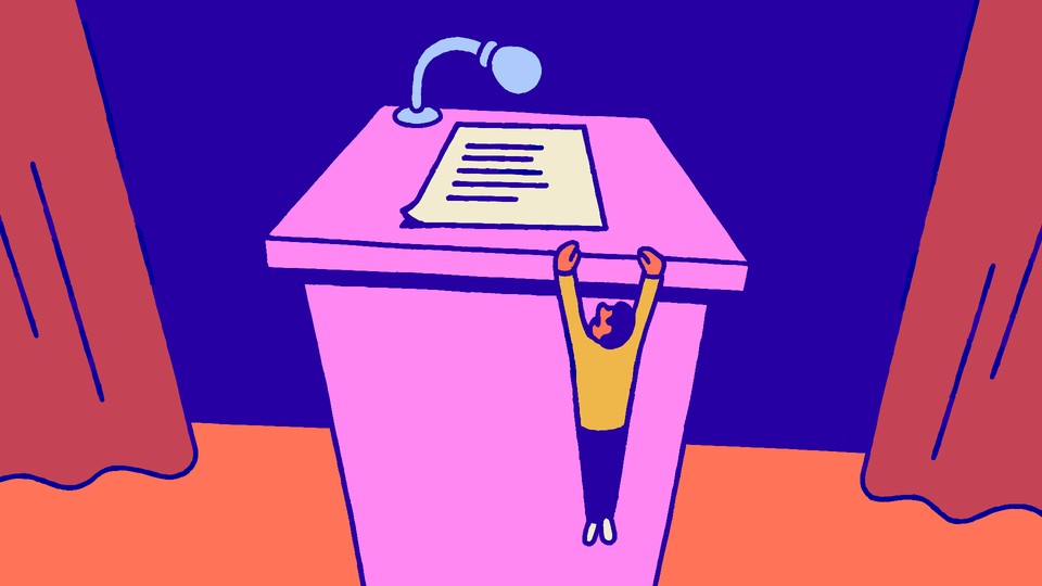 A tiny man hanging from the edge of a lectern as if from a cliff