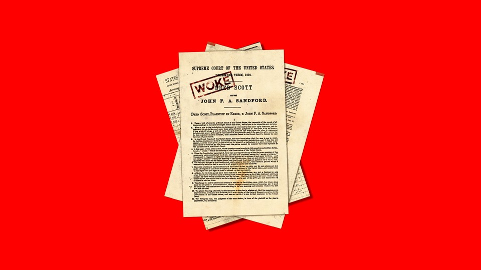 Illustration of the Dred Scott decision with "WOKE" stamped on it