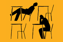 Black abstract sketch of four desks and chairs seen from side, the top left with a relaxed student leaning back in chair and bottom right with a student bent over and working, on a yellow background.