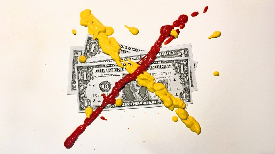 An illustration of dollar bills with an "X" splattered on top in mustard and ketchup