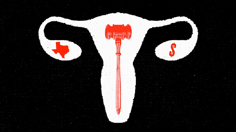 An illustration of a white uterus with a red gavel inside, and white fallopian tubes, with a red state of Texas in the left ovary and a red dollar sign in the right ovary