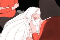 An illustration of a woman mending a dress