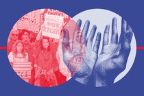 Two circles overlapping; the left one is red and contains a photo of women protesting for abortion rights; the right one is blue and contains a photo of hands outstretched in prayer