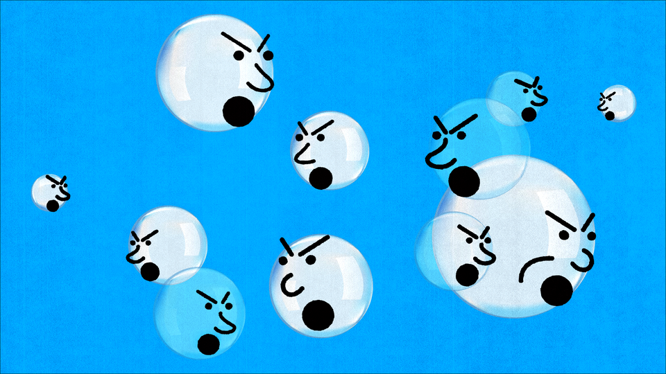 An illustration of bubbles with shouting faces drawn on them