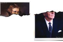 Illustration of two torn printed pictures, singed along the torn edge, side by side: the top of Edmund Burke's head on the left and the bottom half of Ronald Reagan's portrait on the right