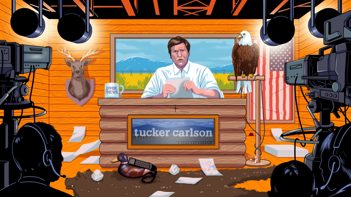An illustration of Tucker Carlson surrounded by his new Americana-style set
