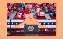 Illustration of Donald Trump's silhouette at a rally