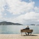 An older man sitting on a bench looking out at the water
