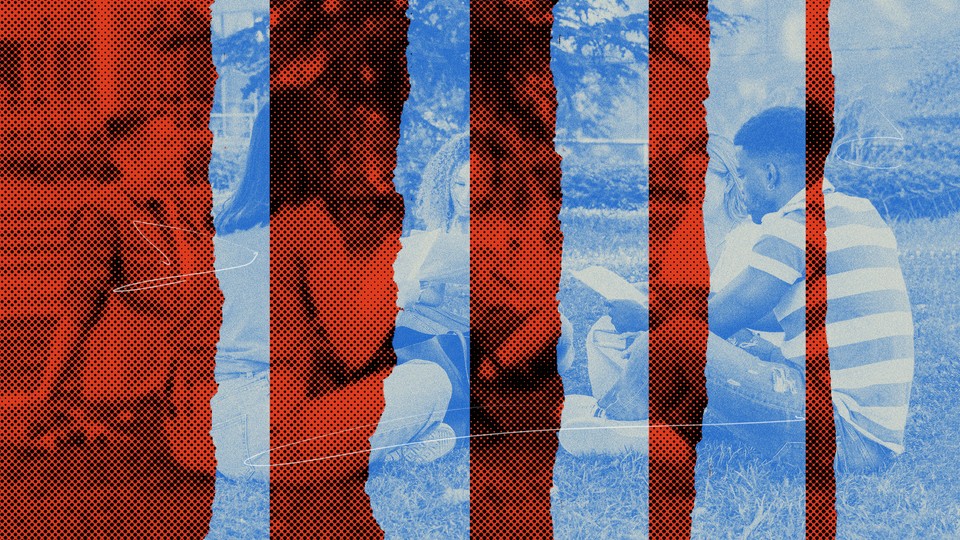 A blue-tinted picture of college students sitting in the grass, with red-and-black stripes over it