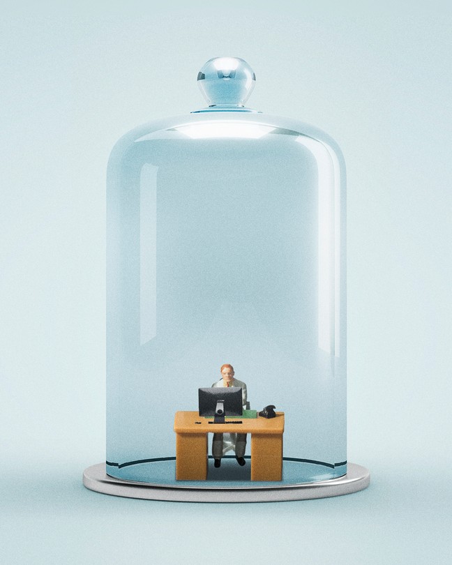 Illustration of a worker at a desk trapped inside a bell jar