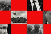A composite photo-illustration with images of soldiers and Russian President Vladimir Putin
