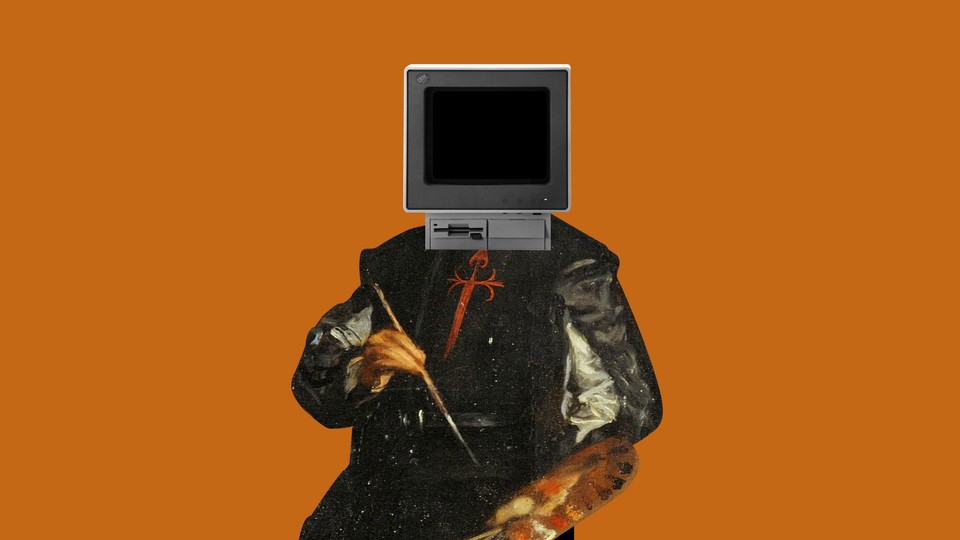 An painter with a desktop for a head