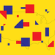 Red and blue geometrical shapes spread out over a yellow map of the United States.
