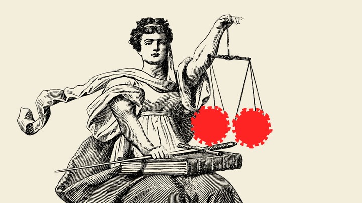 An illustration of Lady Justice holding up two coronavirus cells on the scales of justice
