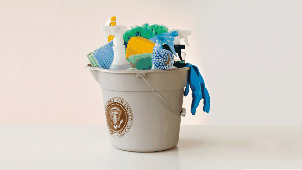 An illustration shows cleaning supplies inside a bucket with the presidential seal on it.