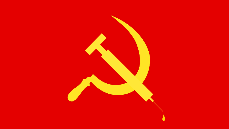 An illustration of a Soviet flag and a vaccine needle.