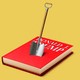 An illustration of a generic red Donald Trump book with a shovel stuck in the middle, on a yellow background.