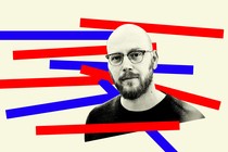 The writer Jonathan Katz with thick red-and-blue lines around him