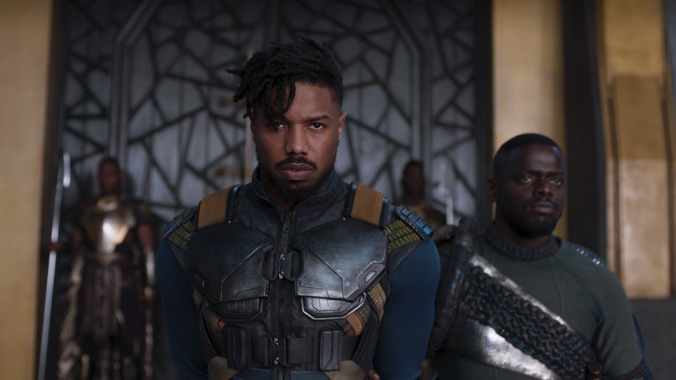 Erik Killmonger (Michael B. Jordan) and W'Kabi (Daniel Kaluuya) in 'Black Panther'