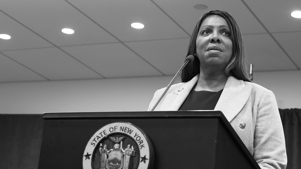 Black and white photograph of New York Attorney General Letitia James speaking behind a podium