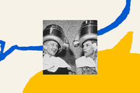 The outline of a blue speech bubble fills the top half of the screen. A yellow, filled-in speech bubble is on the bottom of the screen. In the middle is a black-and-white photo of two women from the 1950s talking to each other under hair dryers.