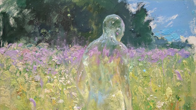 painting of translucent human figure walking through field of purple flowers with bright blue sky and trees in background