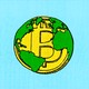 An illustration of the bitcoin symbol as the Earth, with green landmasses in the shape of the continents