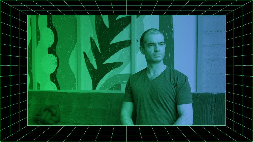 An image of Ilya Sutskever, stylized in green and blue, set against a green-and-black-grid