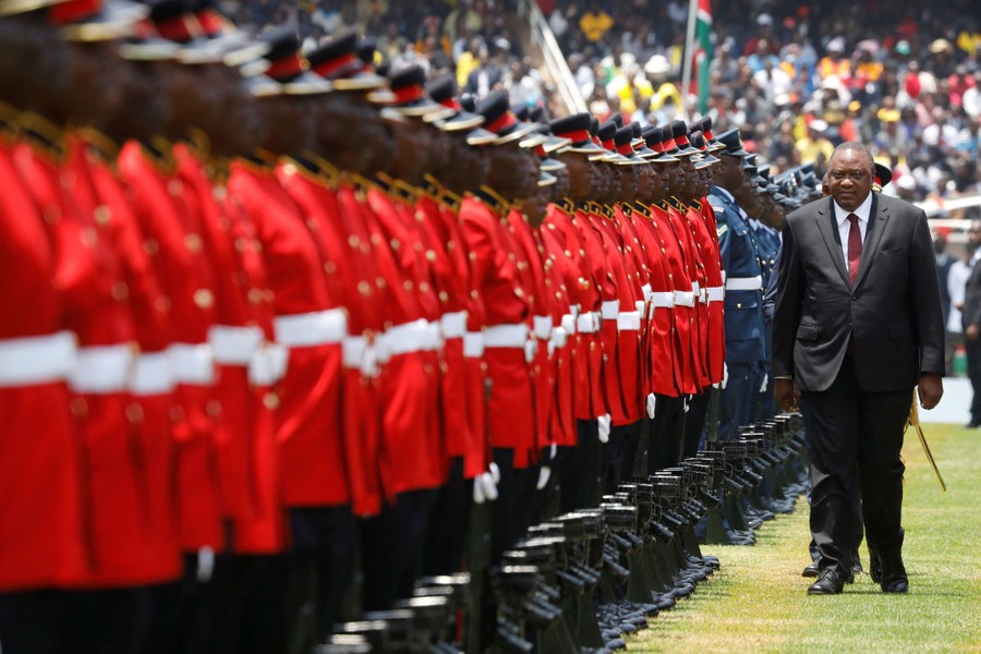 A man walks along the front of a line of soldiers in dress uniforms.