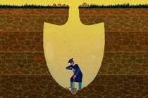 An illustration of a student wearing a gap and gown digging underground