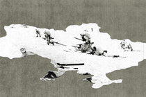 An outline of Ukraine with a photo of soldiers rushing through snow set inside of it.