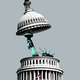 The Statue of Liberty emerging from the U.S. Capitol Building, lifting up its dome