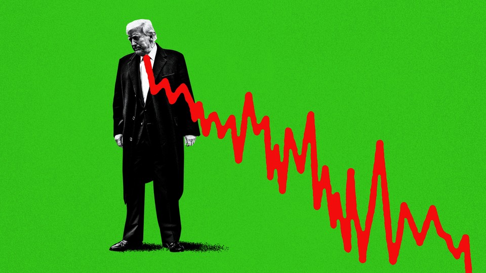 Photo-illustration of Donald Trump on a green background with a graph showing a plunging stock market