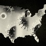 A U.S. map shaded in with coronavirus particles
