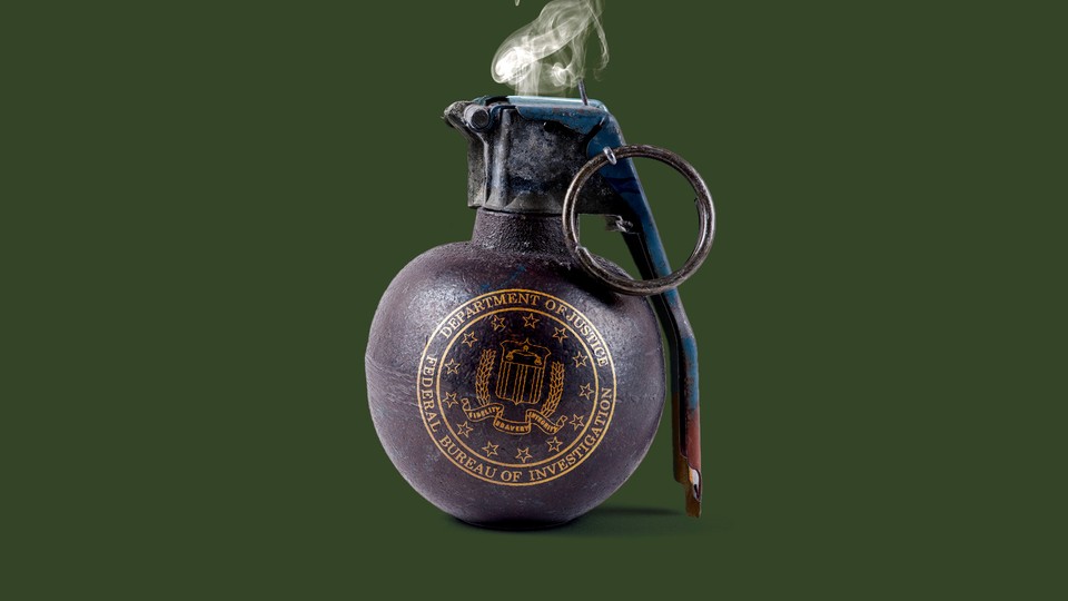 A grenade with the F.B.I. seal over a dark green background.