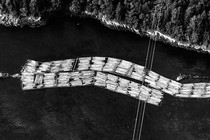 Tug boats move rafts of timber along the coast of Vancouver Island in Nanaimo, British Columbia, Canada, on Monday, May 10, 2021.