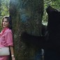 A film still of Cocaine Bear standing on one side of a tree, and a woman hiding on the other