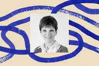 A black-and-white photo of Mona Charen, bordered by an illustration