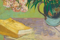 A painting of a book and flowers on a table