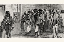 A pencil illustration of people lining up outside a Freedmen's Bureau.