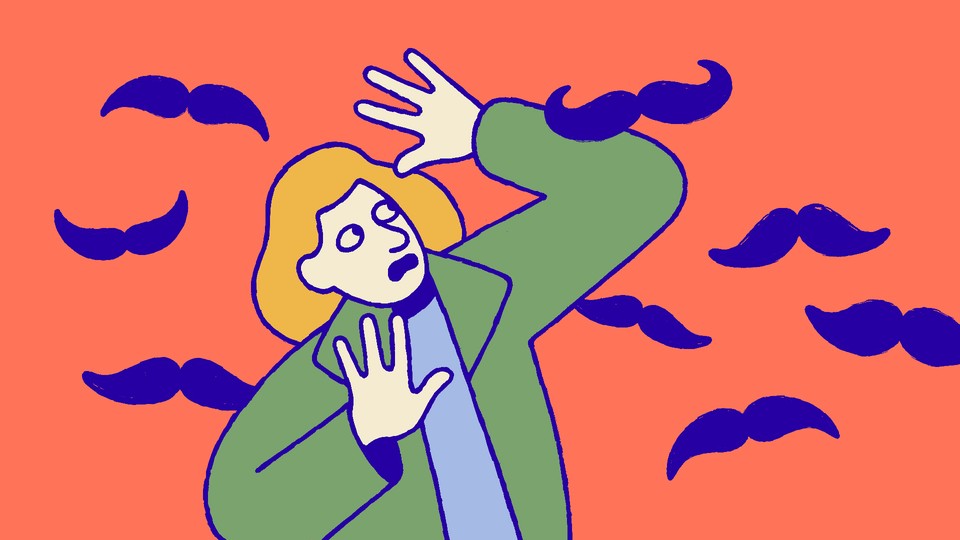 Illustration of a woman surrounded by flying mustaches