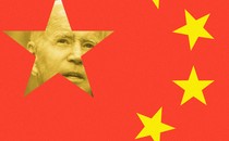 An illustration showing Biden's face appearing against the background of a Chinese flag.