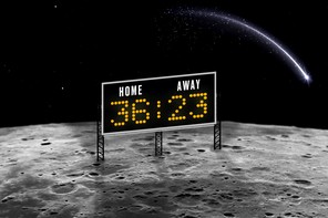 Illustration of a football scoreboard showing 36–23, on the surface of the moon.