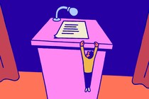A tiny man hanging from the edge of a lectern as if from a cliff