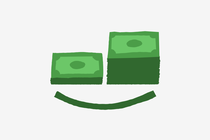 Two stacks of money making a face that is alternating between happy and sad