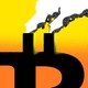 A bitcoin logo with smokestacks at the top