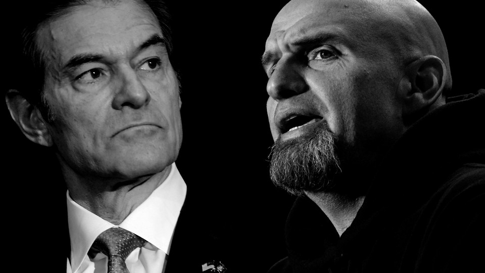 Pennsylvania Senate candidates Mehmet Oz and John Fetterman against a black background