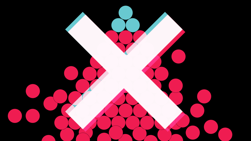Pink and blue bubbles in the shape of a pyramid, with an X through them