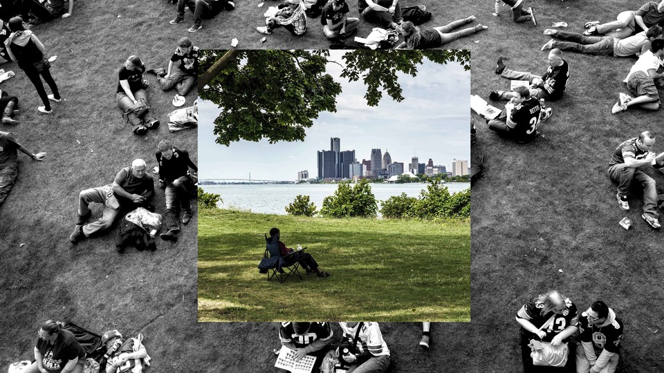 A photo of a man sitting alone in a park superimposed on a photo of people socializing together outdoors