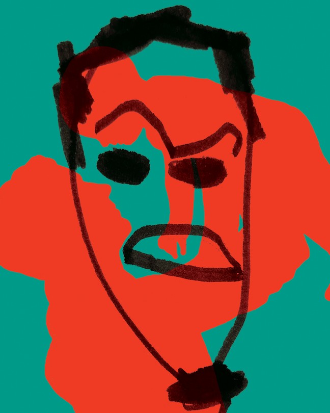 child's black marker drawing of angry face with dark short hair over red silhouette of father raising small child in air on teal background